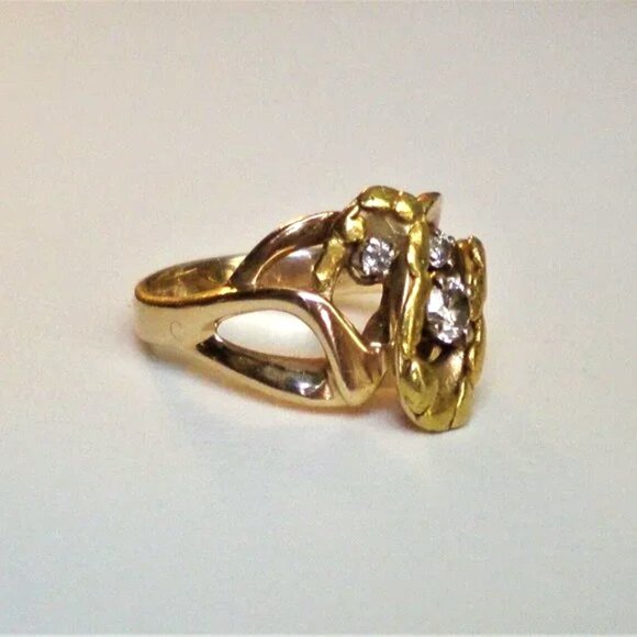 Designer Solid 14K Yellow Gold Real 22K Gold Nugget Diamond Cluster Ring - Picture 3 of 12